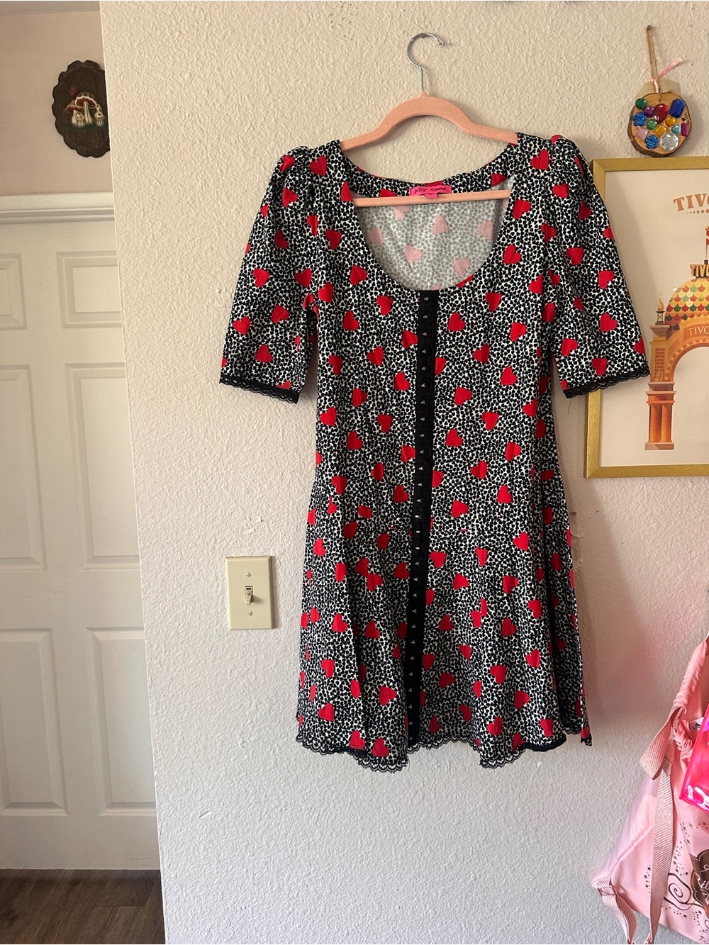 Betsey Johnson L Hearts Fit and Flare Dress Black and Red EUC